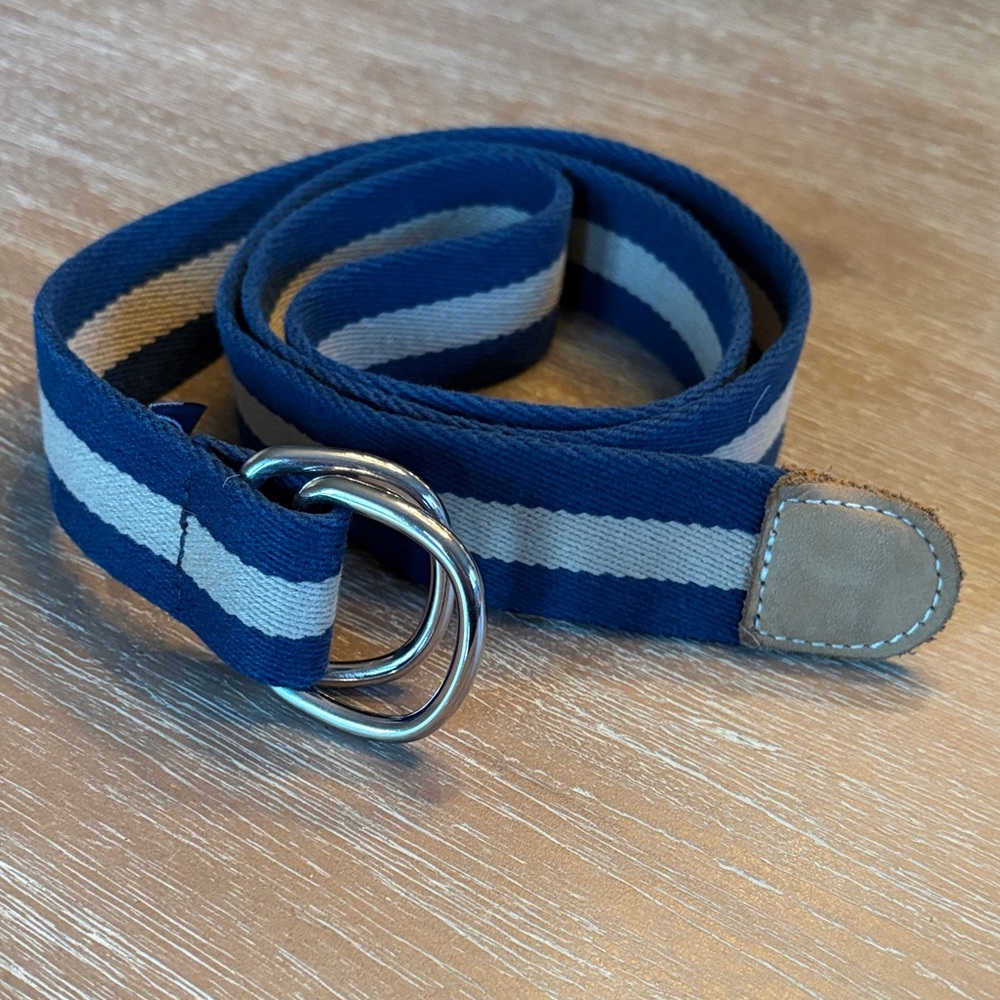 Men’s Leather man belt Medium blue tan stripe d ring Leatherman